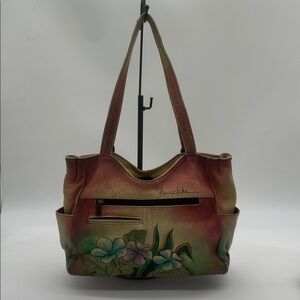 Anuschka Pink and Green Floral Leather Shoulder Bag